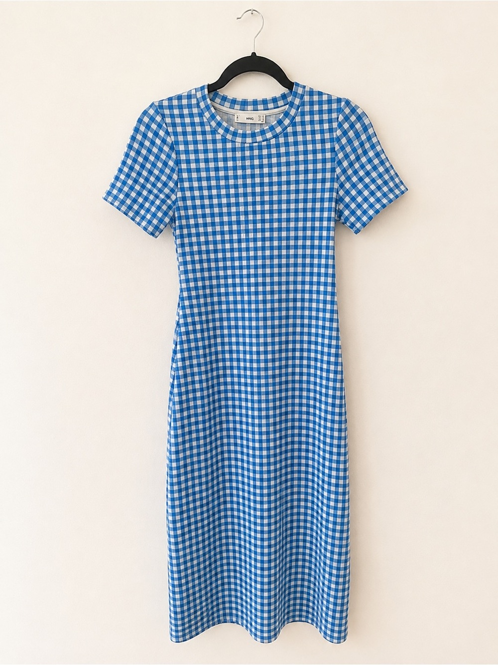 Mango MNG Vichy Check Blue Gingham Midi Dress XS US 2